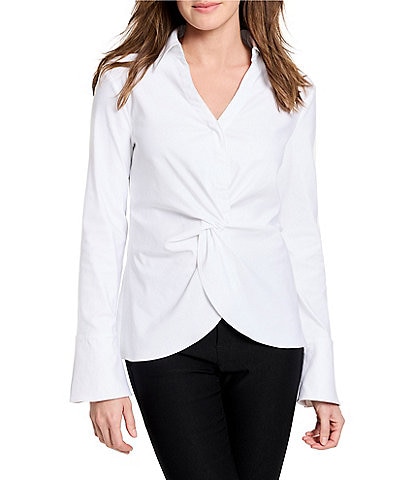 NIC + ZOE Polished Wonderstretch Point Collar Split V-Neck Long Sleeve Twist Front Shirt