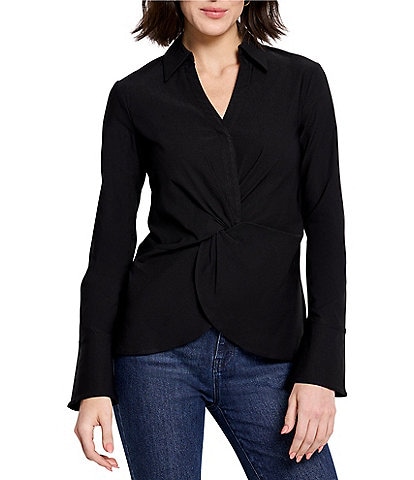 NIC + ZOE Polished Wonderstretch Point Collar Split V-Neck Long Sleeve Twist Front Shirt