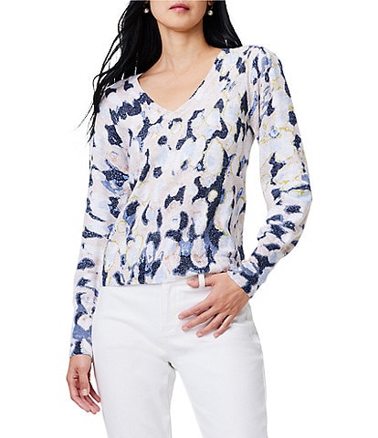 NIC + ZOE Rolling Clouds Print Cotton-Blend Knit V-Neck Long Sleeve Sweater