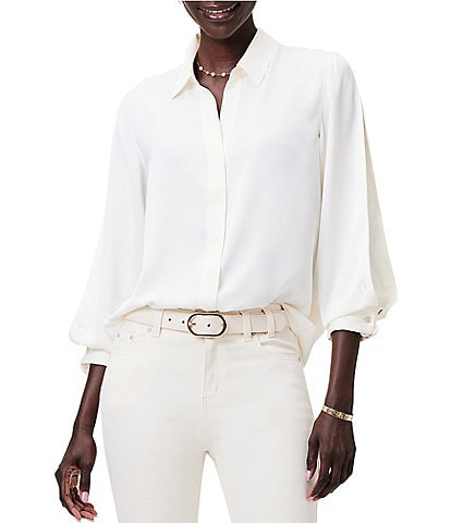 NIC + ZOE Satin Chiffon Point Collar Long Roll Tab Sleeve Button Front Shirt