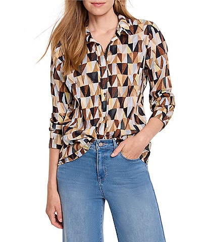 NIC + ZOE Shadow Play Printed Crinkle Button Front Point Collar Long Sleeve Top