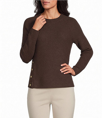 NIC + ZOE Soft Waffle Round Neck Long Raglan Sleeve Side Button Top