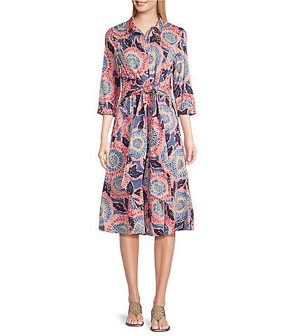 NIC + ZOE Stretch Cotton Scribble Blooms Print 3/4 Sleeve Midi Shirt Dress
