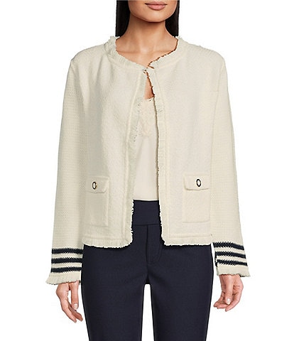NIC + ZOE Textured Color Mix Knit Wing Collar Long Sleeve Open-Front Fringed Edge Trim Jacket