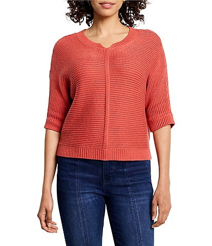 NIC + ZOE Textured Knit Round Split V-Neck Elbow Dolman Sleeve Sweater