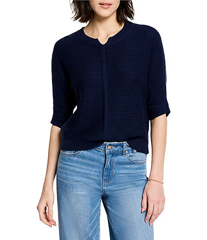 NIC + ZOE Textured Knit Round Split V-Neck Elbow Dolman Sleeve Sweater