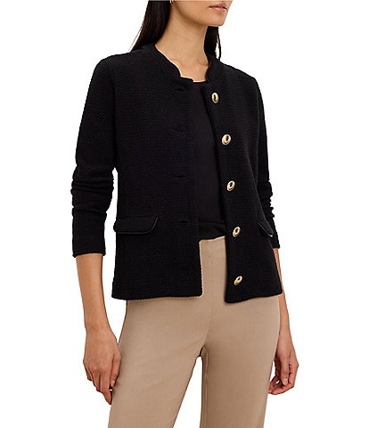NIC + ZOE Trimmed Weave Mix Knit Band Collar Long Sleeve Button-Front Jacket
