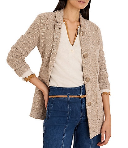 NIC + ZOE Tweed Stitch Cotton-Blend Notch Collar Long Sleeve Button-Front Sweater Jacket