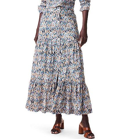 NIC + ZOE Up Beat Woven Ikat Print High Rise Button Front Tiered A-Line Midi Skirt