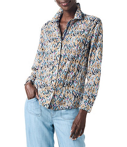 NIC + ZOE Up Beat Woven Ikat Print Point Collar Long Sleeve Button-Front Shirt