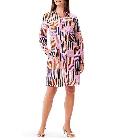 NIC + ZOE Woven Art Block Print Point Collar Long Sleeve Button-Front Shirt Dress