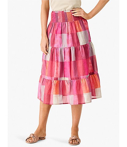 NIC + ZOE Woven Cotton Sunset Plaid Print Smocked Tiered Ruffle Midi A-Line Coordinating Skirt