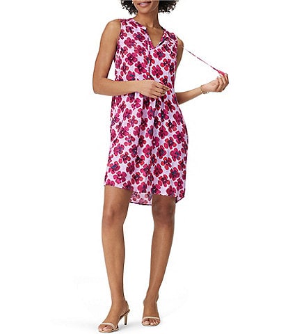 NIC + ZOE Woven In Bloom Print Tassel Tie Split V-Neck Sleeveless Side Pocket Shift Dress