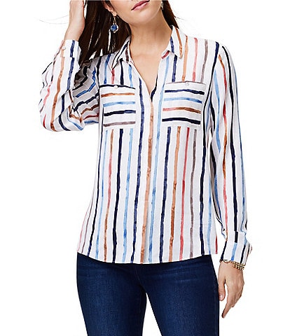 NIC + ZOE Woven Painted Stripe Point Collar Long Sleeve Patch Pocket Shirt