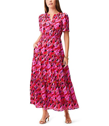 NIC + ZOE Woven Petal Splash Print Split Round Neck Short Sleeve A-Line Tiered Maxi Dress