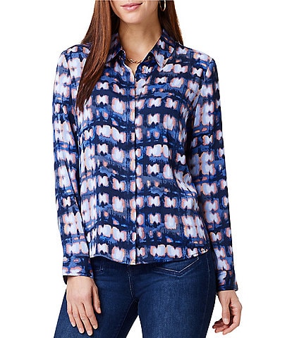NIC + ZOE Woven Shibori Glow Print Point Collar Long Sleeve Button-Front Shirt