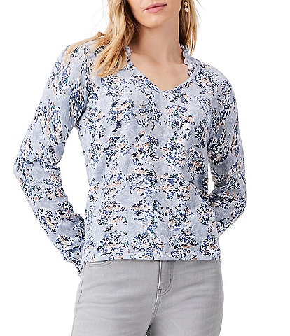 NIC + ZOE Yarn Jersey Knit Blue Reef Print V-Neck Long Sleeve Sweater