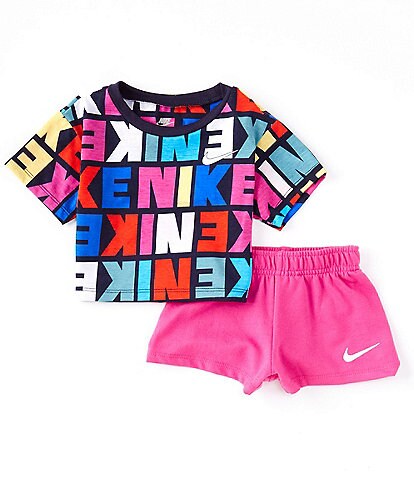 Nike Baby Girls 12-24 Months Short-Sleeve Mixed-Media-Logo Printed Jersey Tee & Solid French Terry Shorts Set