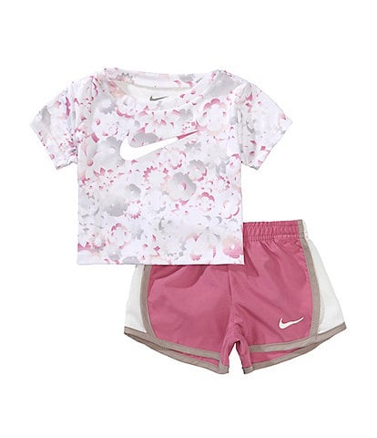 Nike Baby Girls 12-24 Months Short-Sleeve Floral-Printed/Swoosh Microfiber T-Shirt & Color Block Mesh Shorts Set