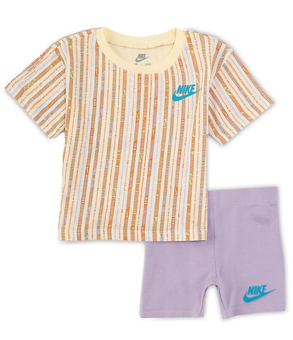 Nike Baby Girls 12-24 Months Short Sleeve Happy Camper Striped T-Shirt & Solid Bike Shorts Set