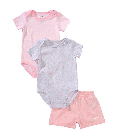 Nike Baby Girls Newborn-9 Months Short-Sleeve Striped Bodysuit, Short-Sleeve Swoosh-Printed Bodysuit & Shorts Set
