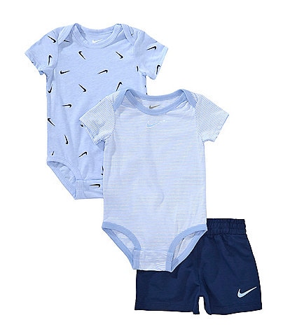 Nike Baby Girls Newborn-9 Months Short-Sleeve Striped Bodysuit, Short-Sleeve Swoosh-Printed Bodysuit & Shorts Set
