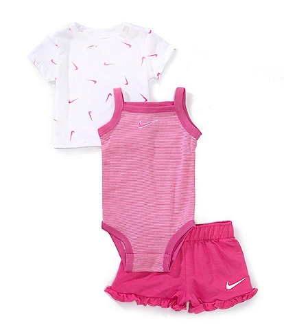 Nike Baby Girls Newborn-9 Months Stripe Bodysuit, Swoosh Print Short Sleeve T-Shirt, & Ruffle Shorts Set