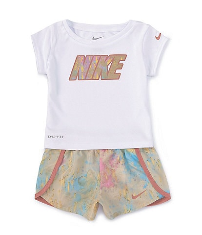Nike Little Girls 12-24 Months Short Sleeve Solid Logo Interlock T-Shirt & Printed Microfiber Shorts Set