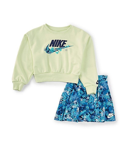 Nike Little Girls 2T-6X Long Sleeve French Terry Sweatshirt & Floral-Printed Stretch Jersey Skort Set