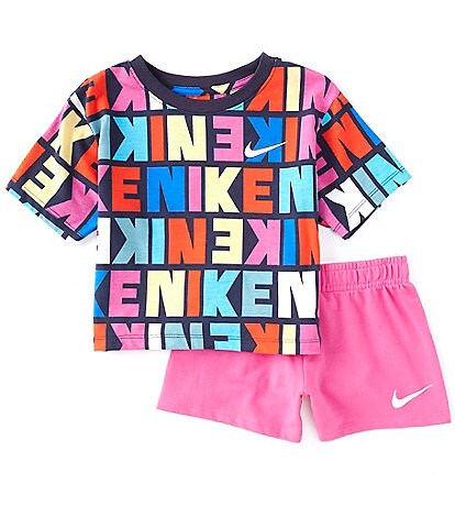 Nike Little Girls 2T-6X Short Sleeve Color Block Logo Tee & Solid Shorts Set