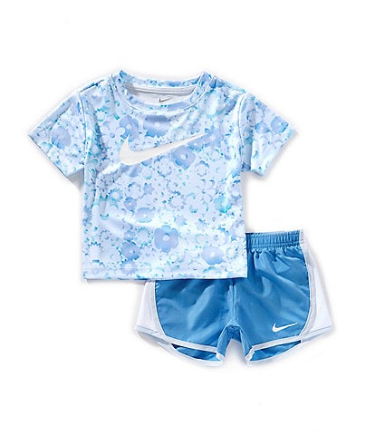 Nike Little Girls 2T-6X Short-Sleeve Floral-Printed/Swoosh-Motif T-Shirt & Color Block Tempo Shorts Set