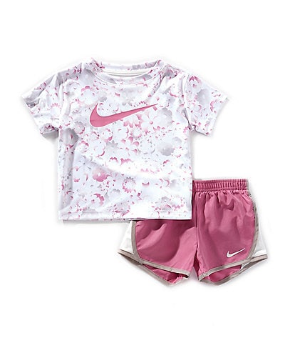 Nike Little Girls 2T-6X Short-Sleeve Floral-Printed/Swoosh-Motif T-Shirt & Color Block Tempo Shorts Set