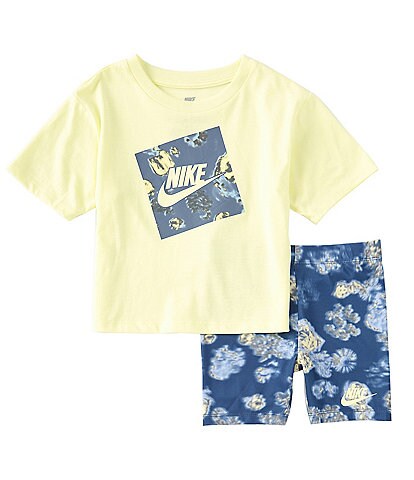 Nike Little Girls 2T-6X Short Sleeve Logo Tee & Floral Bike Short Set