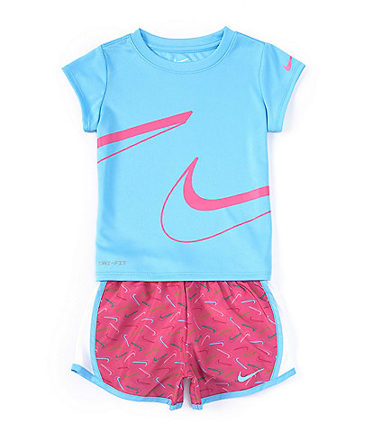Nike Little Girls 2T-6X Short Sleeve Swooshfetti Interlock T-Shirt & Printed Microfiber Shorts Set