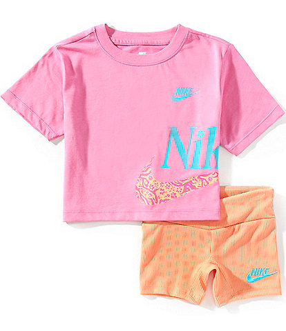 Nike Little Girls 2T-6X Short Sleeve Wildflower-Logo Boxy T-Shirt & Solid Biker Shorts Set