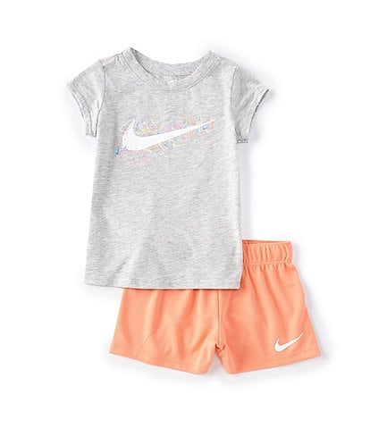 Nike Little Girls 4-6X Short Sleeve Swoosh Knit T-Shirt & Coordinating Mesh Shorts Set