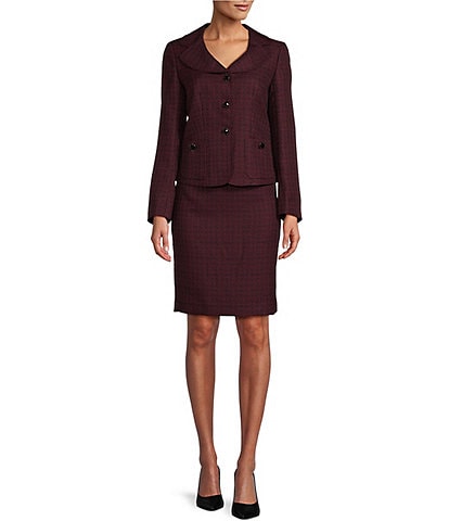 Nipon Boutique Tweed Notch Lapel Collar Long Sleeve Button Front Jacket and Skirt Set