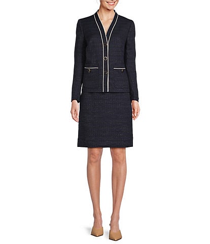 Nipon Boutique Tweed V-Neck Long Sleeve Cardigan Jacket Skirt Set