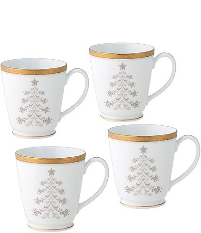 Noritake Charlotta Gold Set of 4 Holiday Tree Mugs