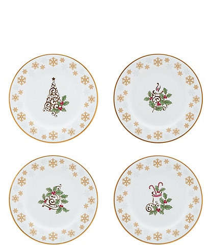 Noritake Holiday Holly Berry Gold Assorted Appetizer Plates, Set of 4