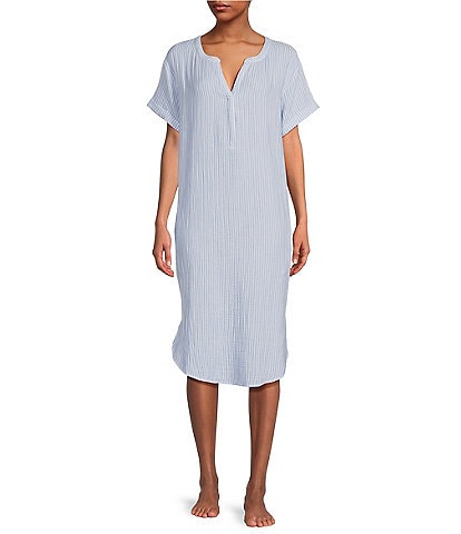 Nottibianche Blue Striped Print Split Round Neck Short Sleeve Woven Nightgown