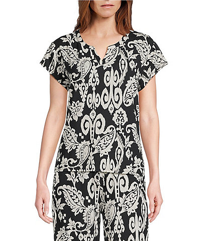 Nottibianche Ikat Paisley Print Short Sleeve Split Round Neck Coordinating Knit Sleep Top