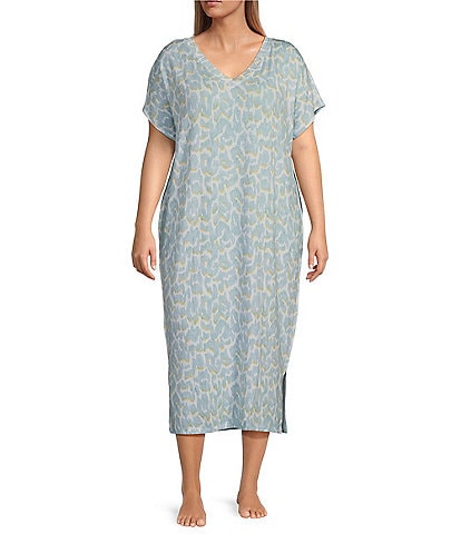 Nottibianche Plus Size Animal Print Short Sleeve V Neck Knit Nightgown