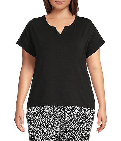 Nottibianche Plus Size Split Round Neck Short Sleeve Coordinating Solid Knit Sleep Top