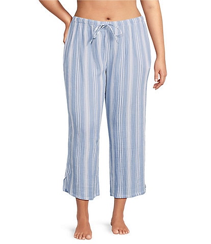 Nottibianche Plus Size Striped Gauze Drawstring Tie Coordinating Cropped Sleep Pants