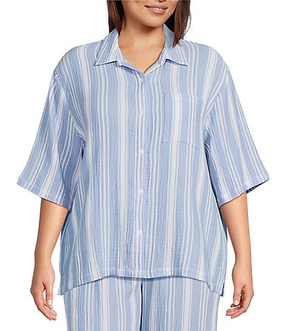 Nottibianche Plus Size Striped Gauze Short Sleeve Notch Collar Button Front Coordinating Sleep Top