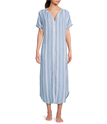 Nottibianche Short Sleeve Split Round Neck Button Front Striped Gauze Caftan