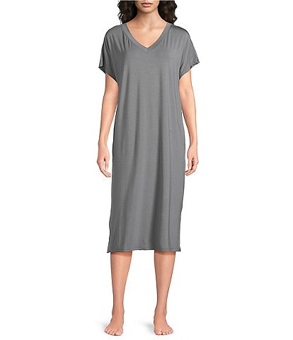 Nottibianche Solid Bamboo Jersey Knit Short Sleeve V-Neck Caftan