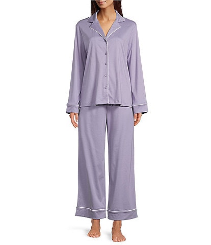 Nottibianche Solid Long Sleeve Notch Collar Button Front Long Knit Pajama Set