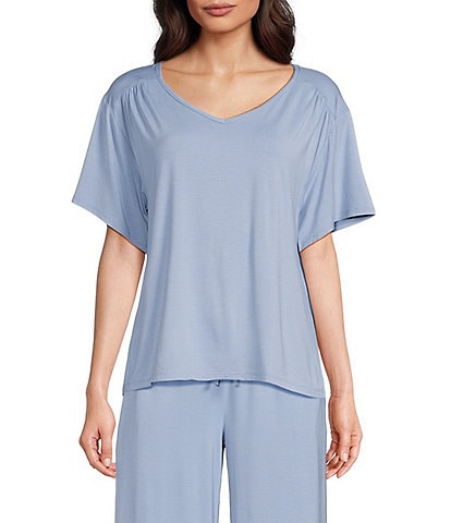 Nottibianche Solid Short Sleeve V-Neck Bamboo Jersey Knit Coordinating Sleep Top